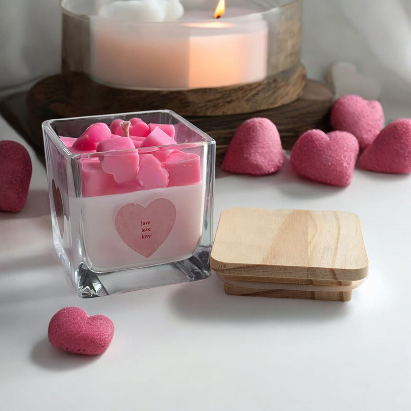 Valentine's Day Square Glass Jar Candles, Wood Lid, Pink Hearts