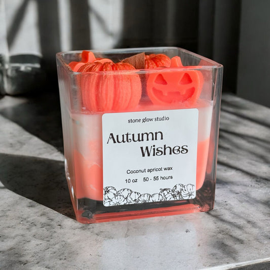 Autumn Wishes Halloween Square Glass Jar Candle