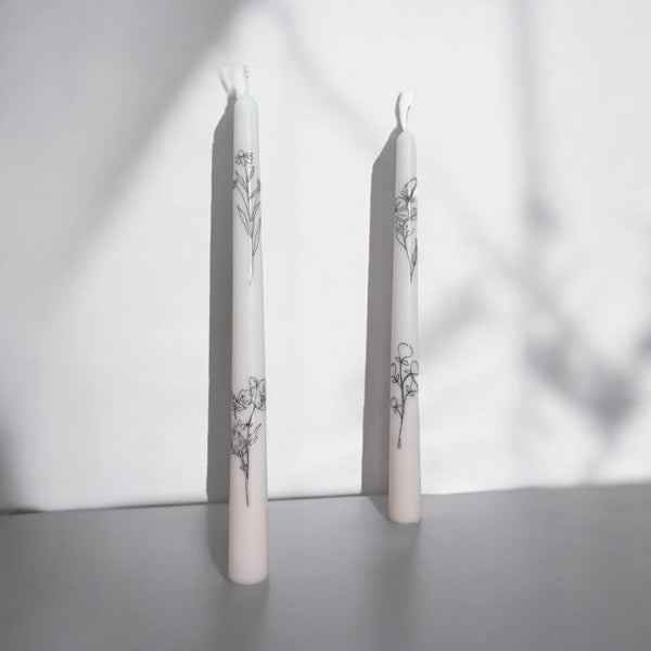 Set of 2 Taper Candles with Flowers.
