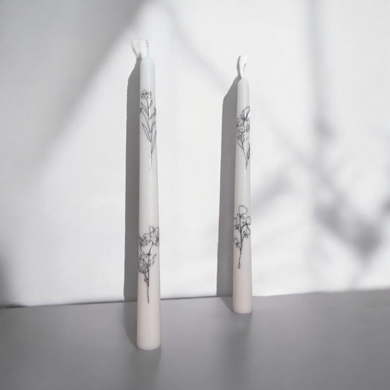 Set of 2 Taper Candles with Flowers.