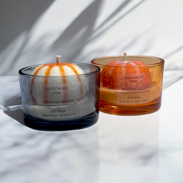Pumpkin Set of Two Glass Jar Candles.